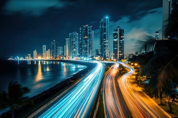 Obraz premium Nighttime cityscape with illuminated buildings and light trails from moving vehicles.