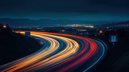Obraz premium A nighttime highway scene with light trails from vehicles and a distant city skyline.