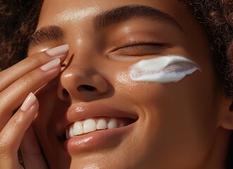 Close up beautiful girl applying moisturizing skincare cream or sun cream, lotion or mask for skin lifting and anti-aging detoxifying effect.