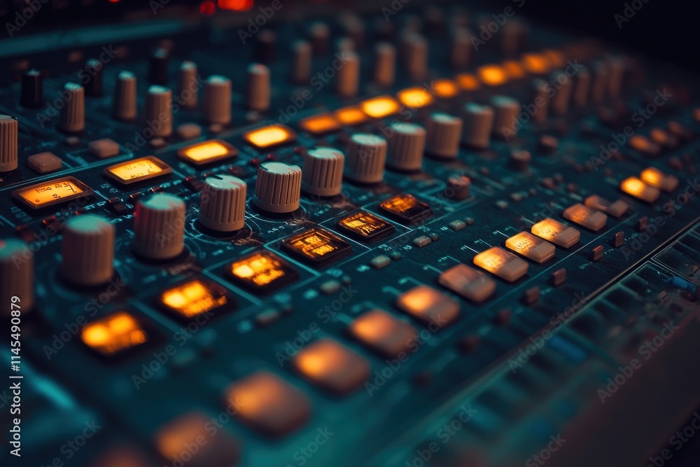 Aufkleber a close-up of a music mixing console with illuminated buttons and knobs.