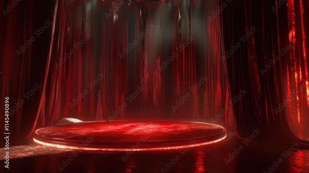 Poster a dimly lit stage with red curtains and a circular platform, creating a dramatic atmosphere.
