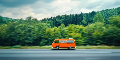 Fototapeta premium An orange van travels along a highway, surrounded by lush greenery and trees.