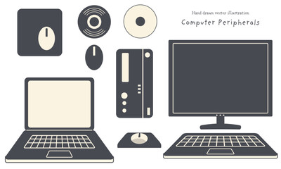 pcと周辺機器等イラスト素材（レトロでシンプルなデザイン）