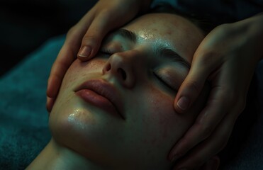 Naklejka premium Close-up of a woman receiving a soothing facial massage, highlighting skincare treatment and relaxation in a tranquil spa ambiance. 