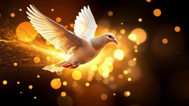 The image depicts a vibrant and dynamic scene showing a flying dove among flickering tongues of fire, symbolizing the divine presence and power of the Holy Spirit at the Pentecost event.