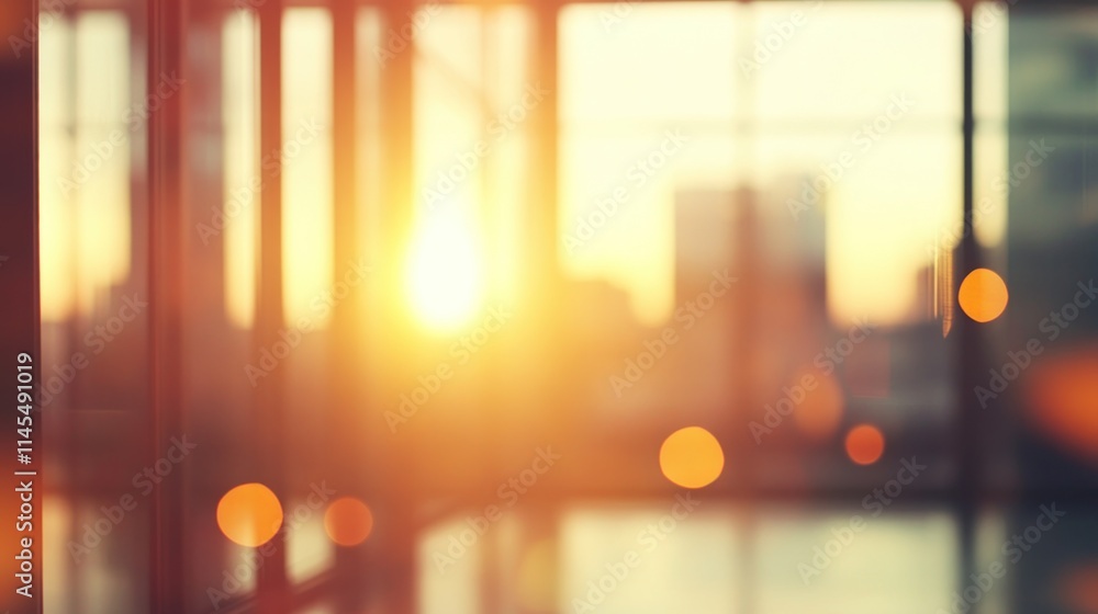 Poster a warm sunset view through glass, creating a serene atmosphere with soft bokeh effects.