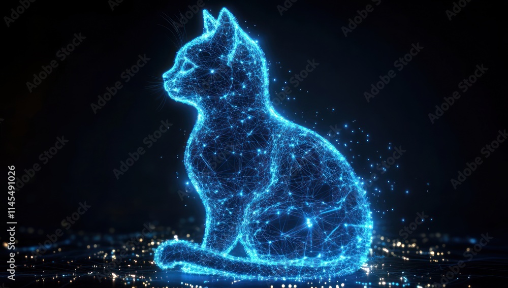 Poster a glowing, digital representation of a cat formed by interconnected points of light.