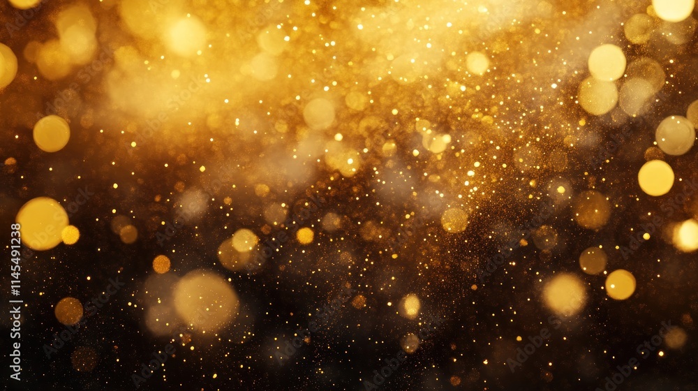 Poster a shimmering golden background filled with sparkling particles and bokeh effects.