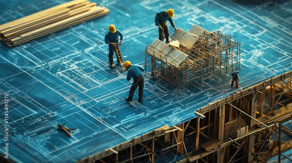 Poster miniature construction scene depicting workers assembling a building framework.