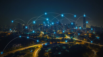 Fototapeta premium Smart digital Innovation city with connection network reciprocity over the cityscape. of future smart wireless city and social media networking systems that connects business people with in city