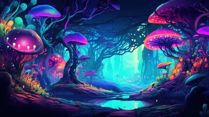 Enchanting Luminescent Forest With Glowing Mushrooms And Plants
