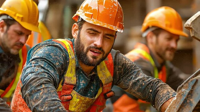 A scene depicting a group of workmen wearing colorful overalls and hard hats, busy working together in unison while surrounded by various construction equipment and tools
