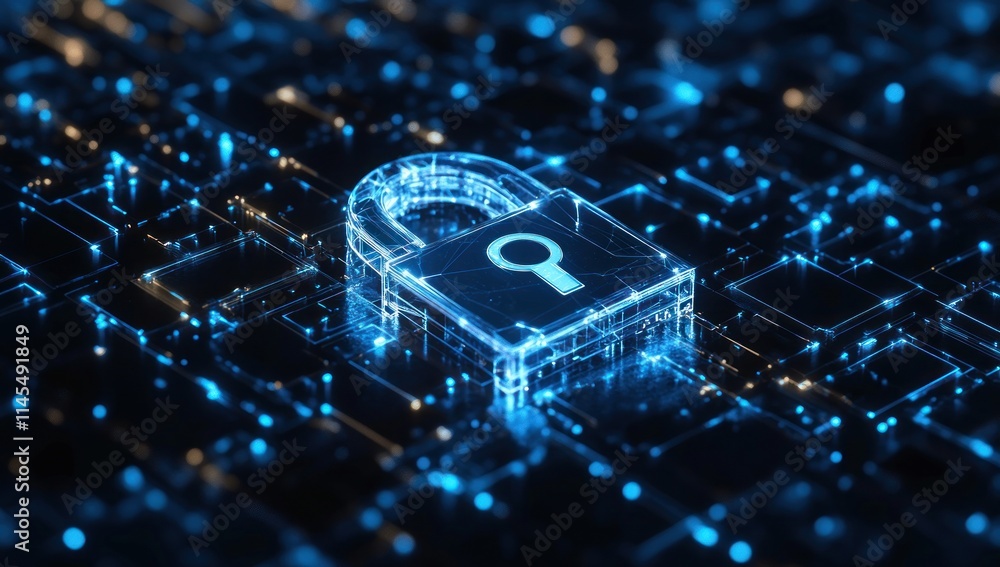 Poster a digital lock symbol representing cybersecurity and data protection on a tech-themed background.