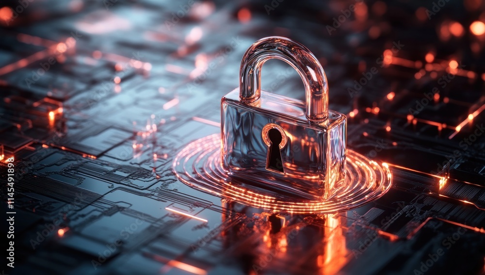 Poster a transparent padlock on a digital circuit background symbolizes cybersecurity and protection.