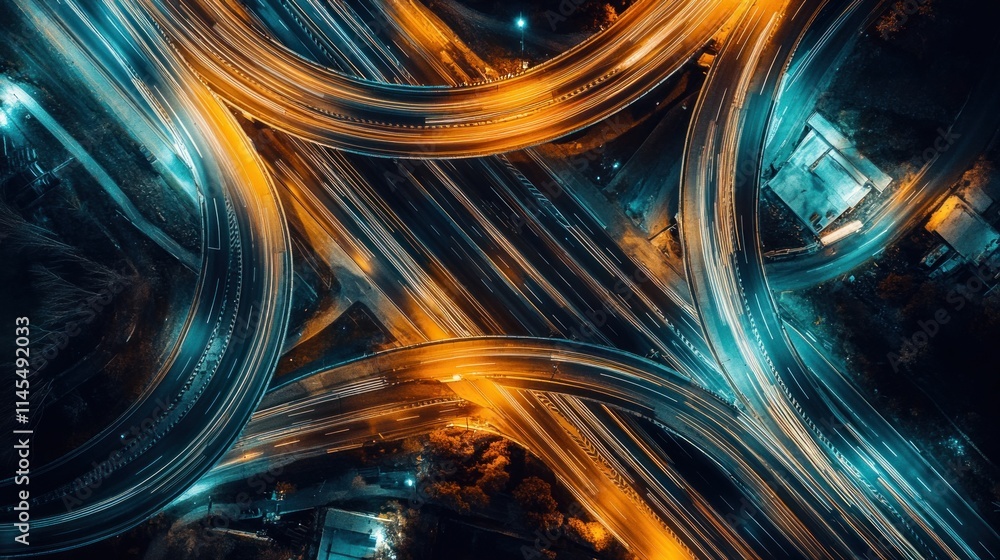 Poster aerial view of a complex highway interchange illuminated with orange and blue lights.