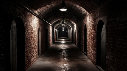 Fototapeta premium A dimly lit corridor with brick walls and doorways, creating an eerie atmosphere.