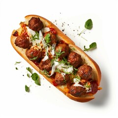 Meatball Sub, Isolated on white background, flat lay 