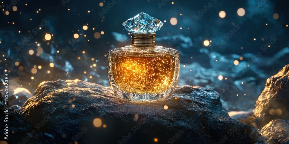 Poster a sparkling perfume bottle on rocky terrain, illuminated by soft light and floating particles.