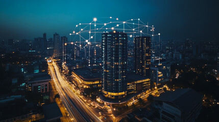 Fototapeta premium Smart digital Innovation city with connection network reciprocity over the cityscape. of future smart wireless city and social media networking systems that connects business people with in city