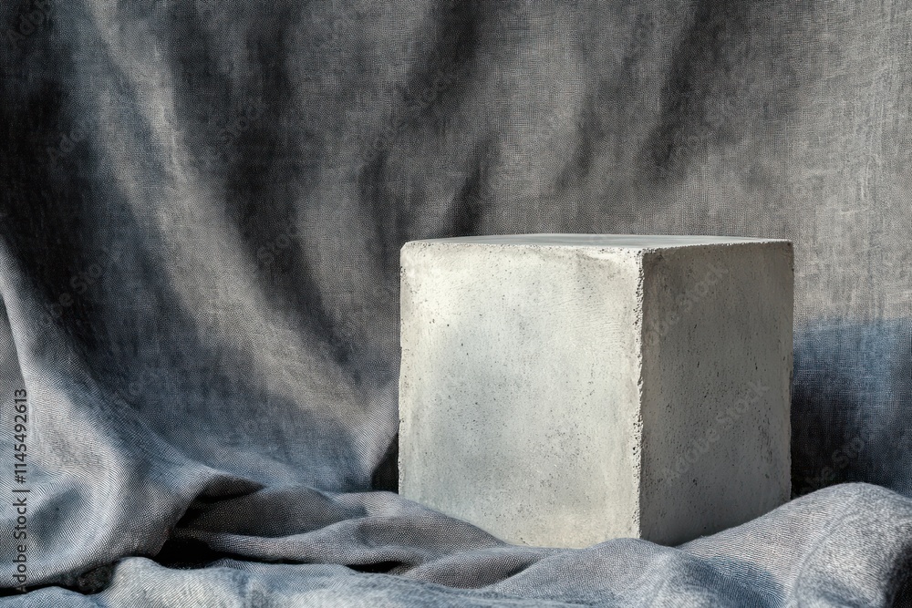 Poster a simple concrete cube on a textured gray fabric backdrop.