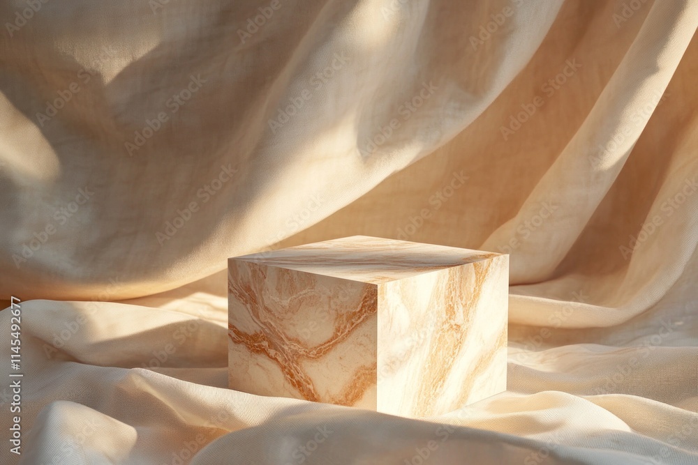 Poster a marble-like cube sits on soft, draped fabric, creating a serene and elegant composition.