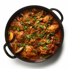 Chicken Karahi, Isolated on white background, flat lay
