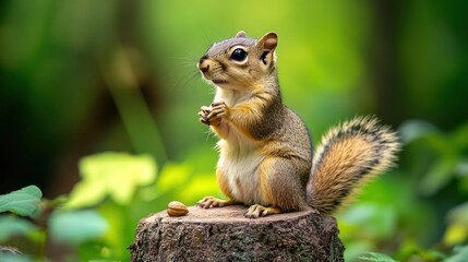 A squirrel sitting on a stump, holding a nut in a lush green environment.