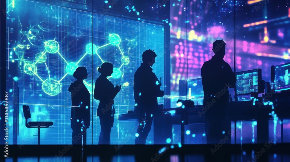 Poster silhouettes of people in a tech environment, analyzing data and technology visuals.