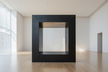 Obraz premium Large black cube art installation in a minimalist gallery. Represents modern art, space, and architectural design.