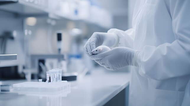 Scientist holds a laboratory mouse during research - Powered by Adobe