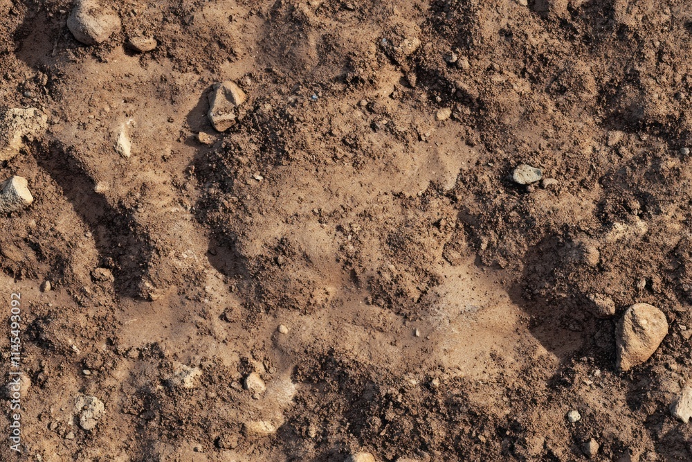 Poster a close-up view of soil with visible footprints and scattered rocks.