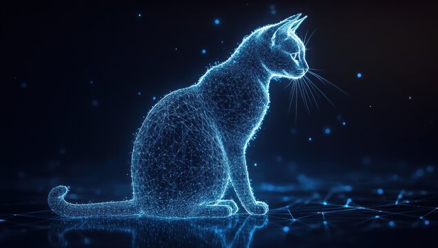A glowing, digital representation of a cat, showcasing a futuristic design.