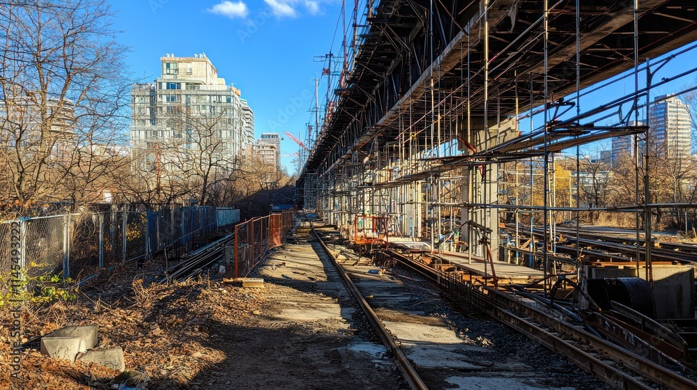 Poster construction site with scaffolding and railway tracks under a structure.