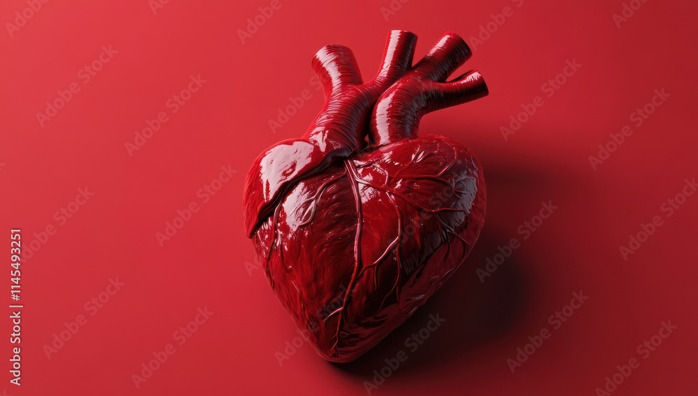 Poster a realistic rendering of a human heart on a vivid red background.