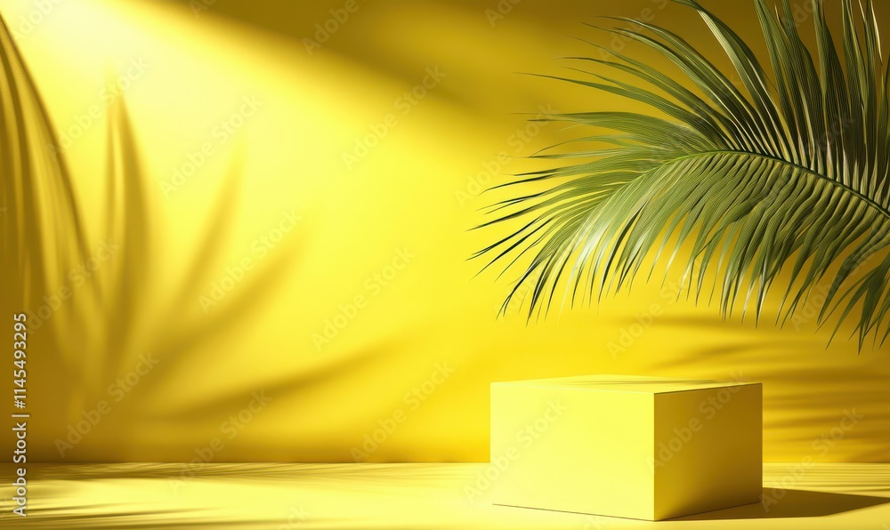 Poster bright yellow background with palm leaf and cube display creating a tropical and vibrant atmosphere 