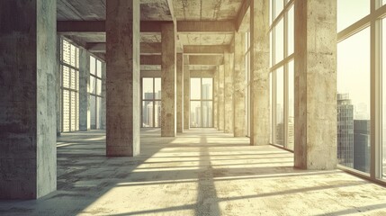 Fototapeta premium Spacious, modern interior with concrete pillars and large windows, showcasing urban views.