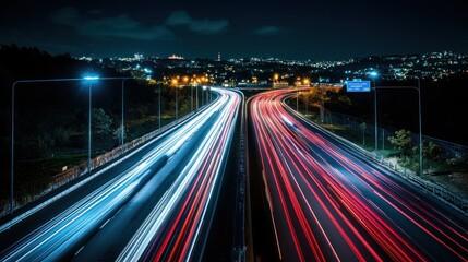 Obraz premium Nighttime highway scene with light trails from vehicles and city skyline in the background.
