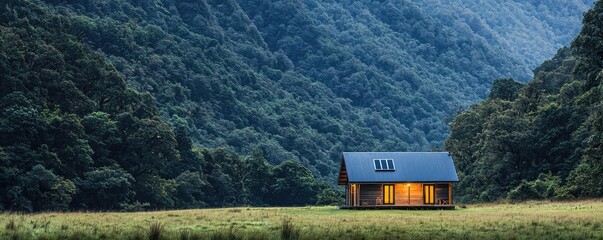 Wilderness valley idea. A serene cabin in a lush green landscape surrounded by majestic mountains.