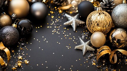A festive arrangement of gold and black Christmas ornaments and decorations on a dark background.