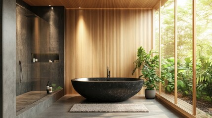Fototapeta premium A modern bathroom featuring a circular tub, wooden accents, and lush greenery.