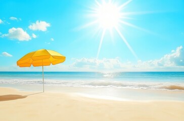 Bright Yellow Umbrella on a Serene Beach Under a Clear Blue Sky with Soft Waves and Radiant Sunshine Creating a Perfect Summer Scene for Relaxation and Enjoyment