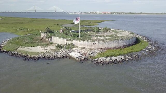 Aerial circling shot the ruins of Pinckney Castle, one of three forts in Charleston Harbor used during the American Civil War.