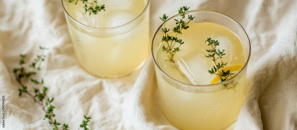 Poster two refreshing drinks with ice and thyme on a light fabric background.