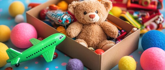 A cozy box filled with a teddy bear and colorful toys, creating a playful atmosphere.