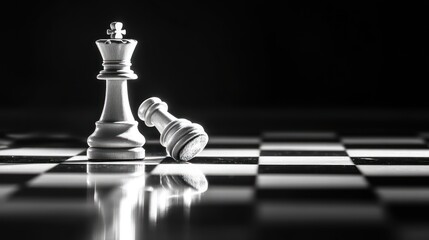 A dramatic black-and-white image of a fallen chess piece on a chessboard.