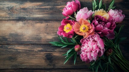 A bouquet of vibrant peonies against a rustic wooden table, close-up shot, Farmhouse style
