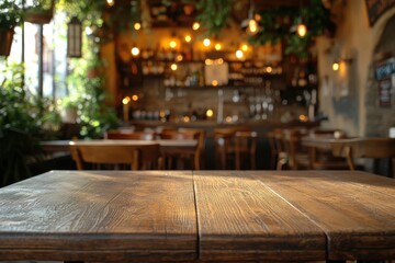 Rustic wooden table in a dimly lit bar. Perfect for showcasing food, drinks, or product placement.