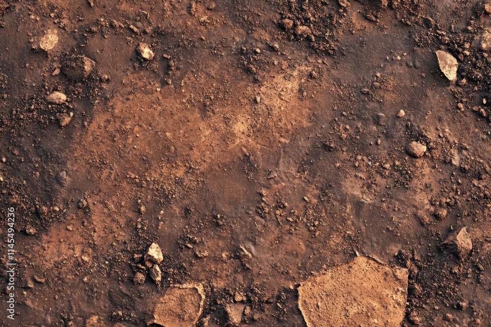 Poster a close-up view of textured soil with small rocks and pebbles scattered across the surface.