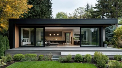Modern glass-fronted house with a landscaped garden and wooden deck.