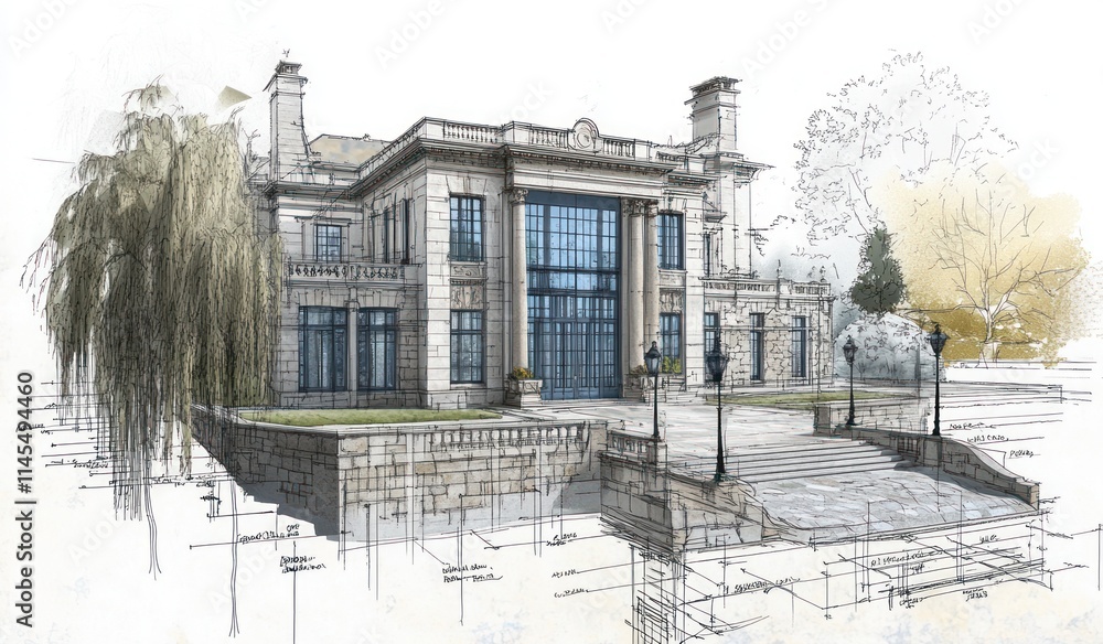 Poster architectural rendering of a grand building with detailed sketches and landscaping.